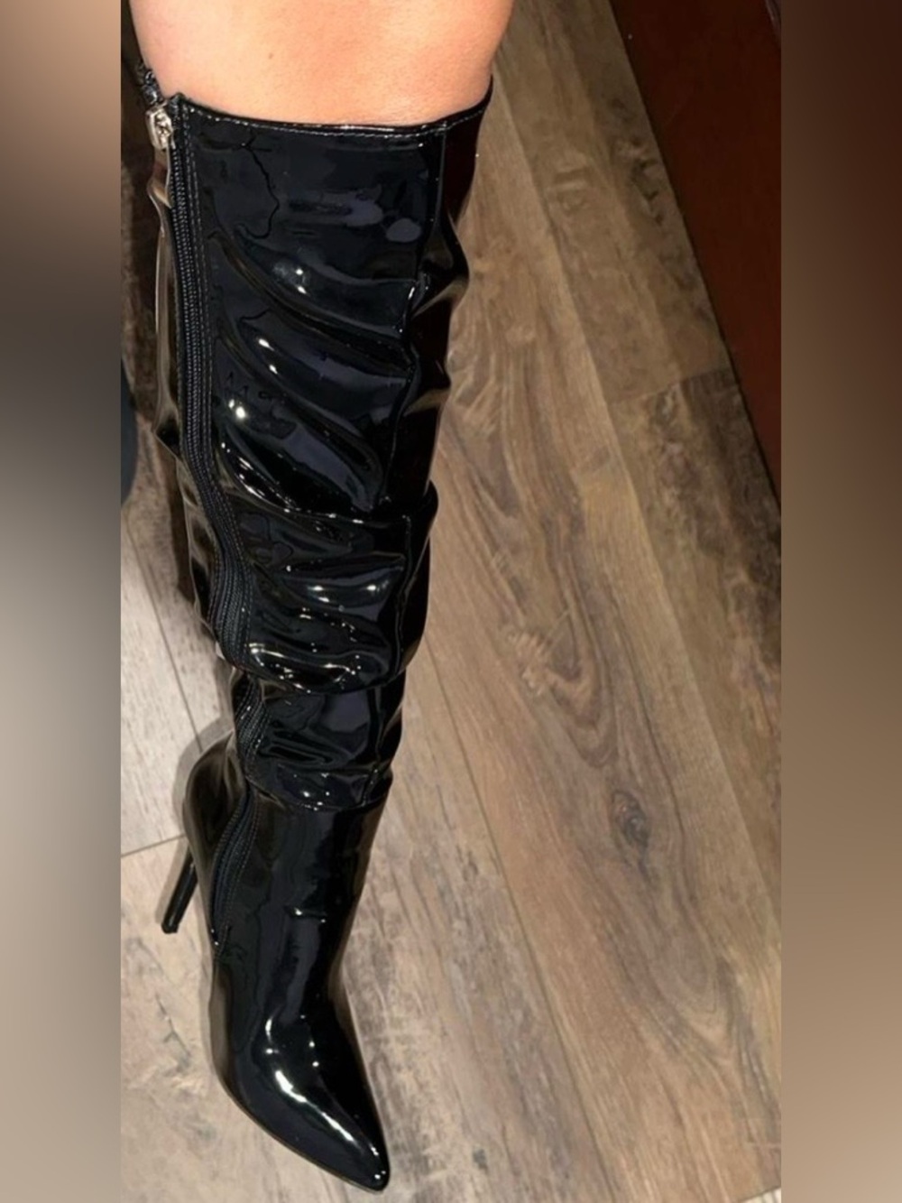 Black Patent High Heel Knee-High Boots - Women's Fashion Boot - Picture 2 of 4